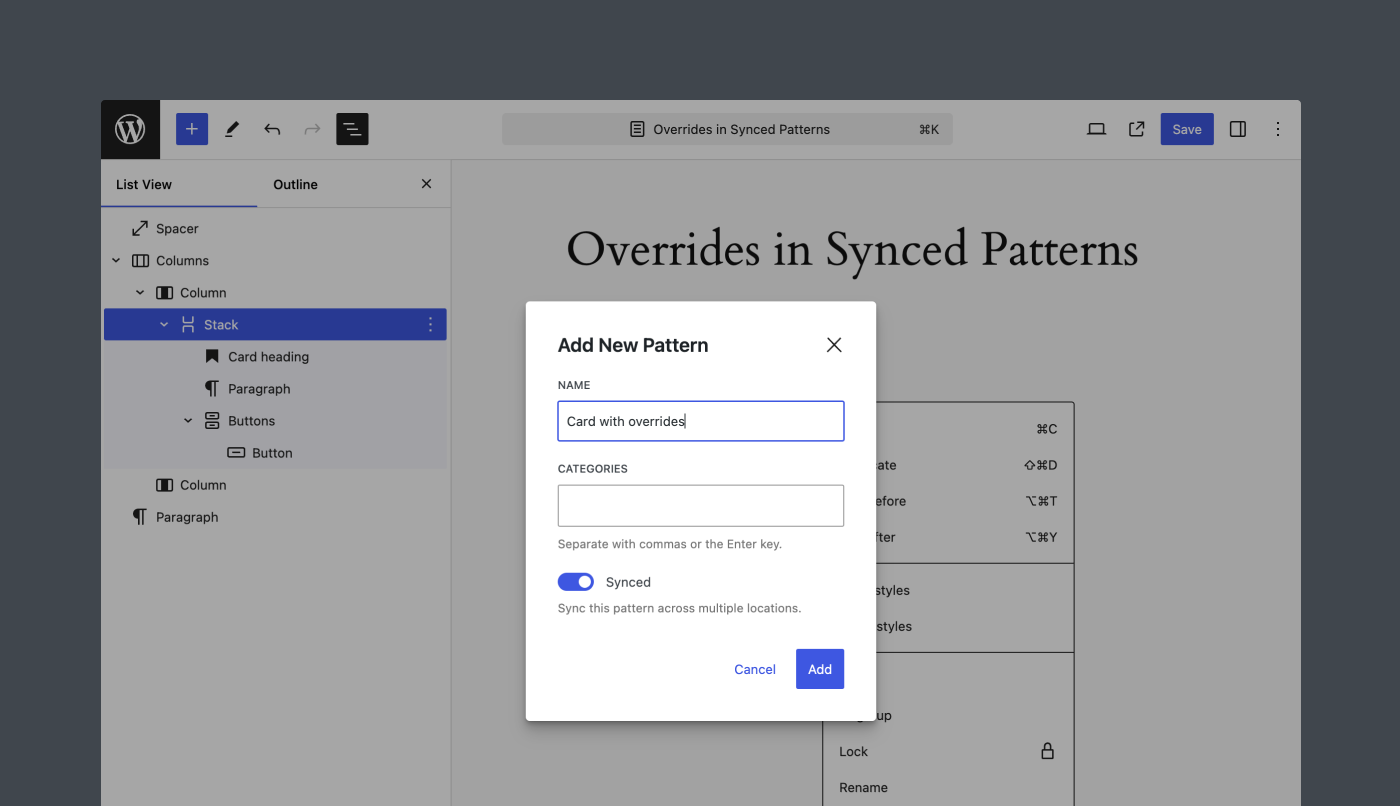 A view of the Editor that shows how to create synced patterns.