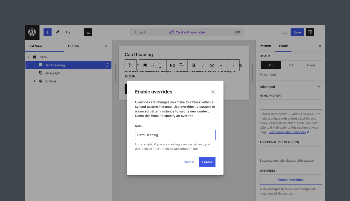 A view of the Editor that shows how to provide an overridable block with a unique name.