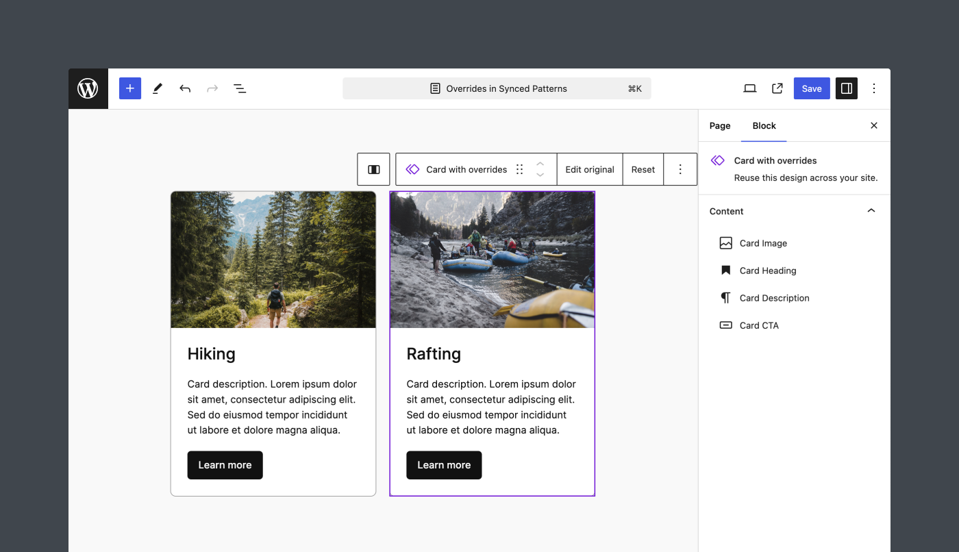 A view of the Editor that showcases a synced Card pattern with overrides.