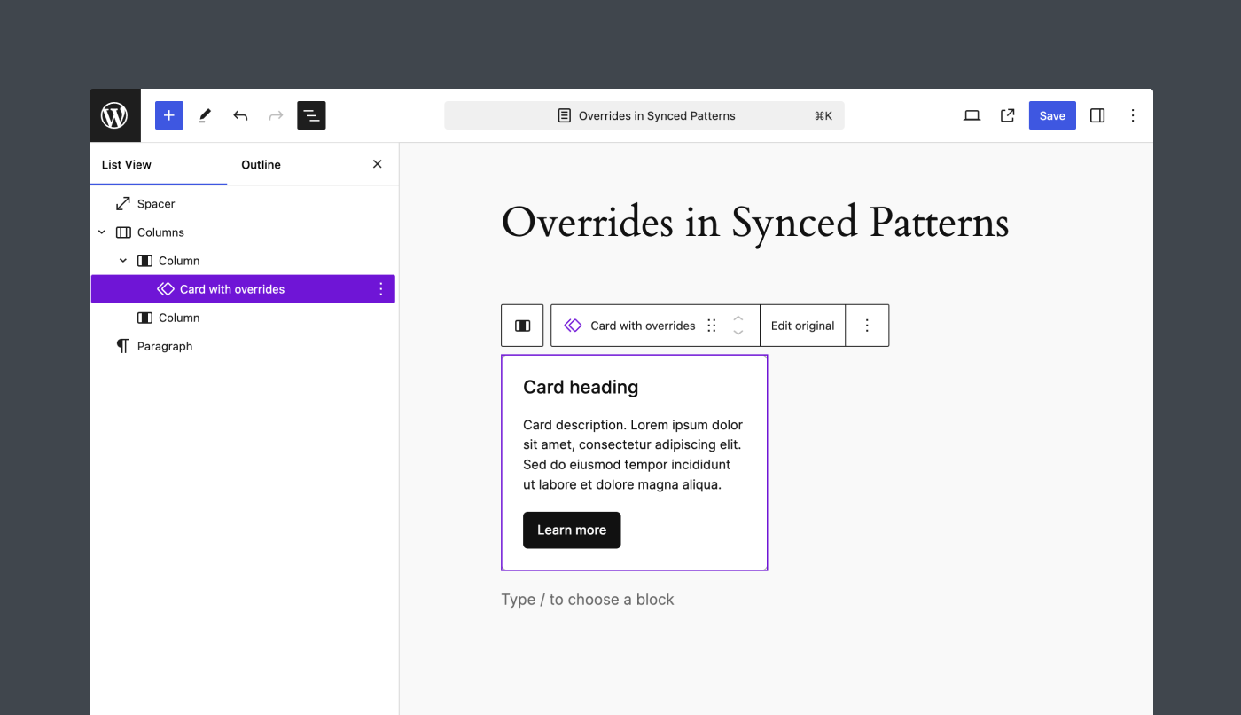 A view of the Editor that showcases the synced Card pattern.