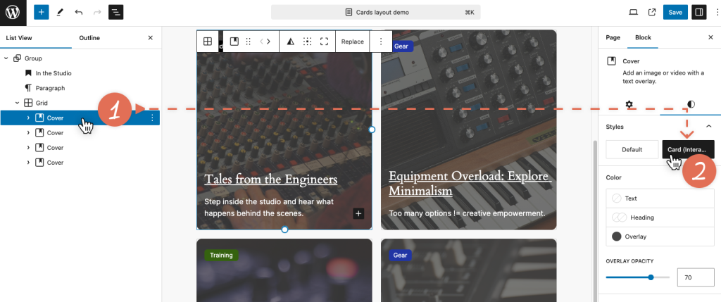 Block editor with List View expanded, Cover block selected and Card (Interactive) style variation chosen