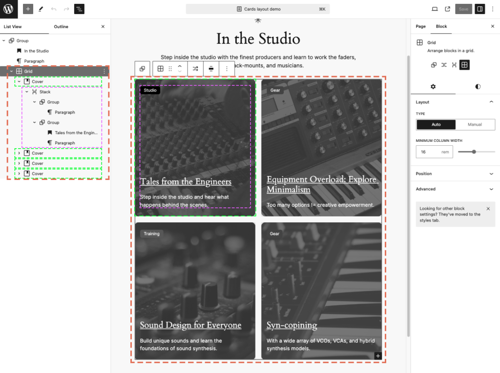 Block editor with List View open and outlines around key Grid block with nested Stack blocks.