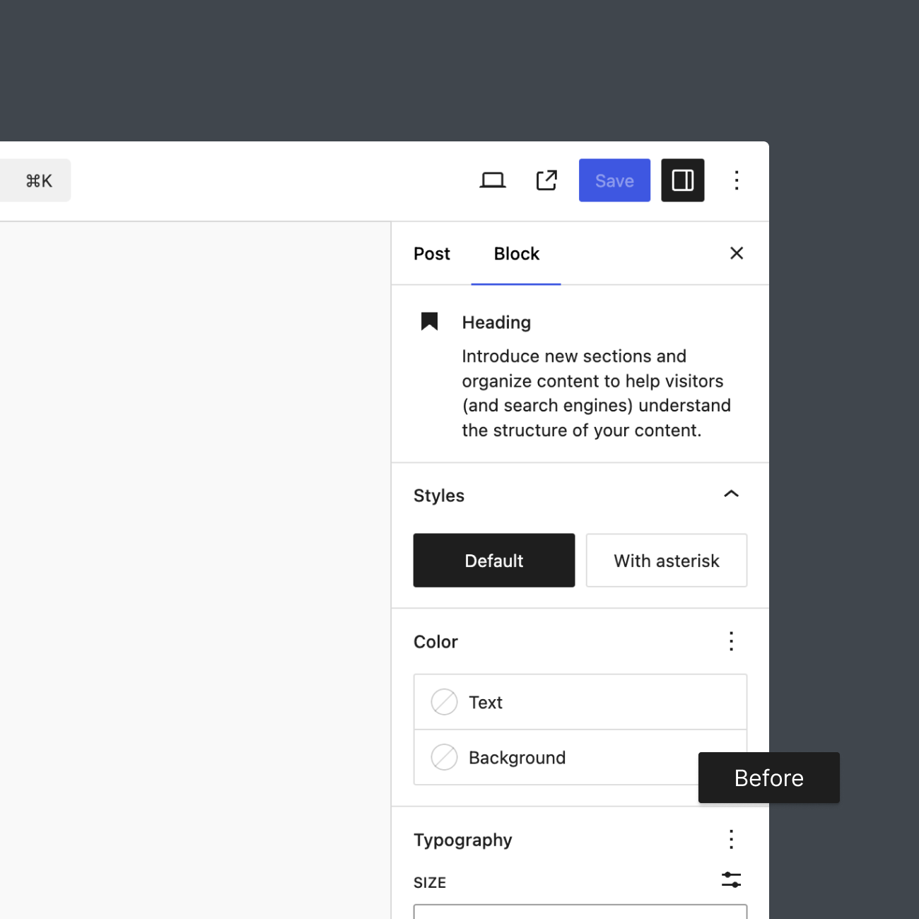Configure theme.json settings (before)