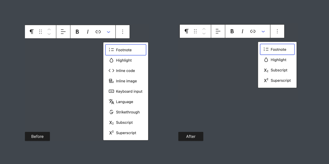 Unregister formatting options on RichText blocks