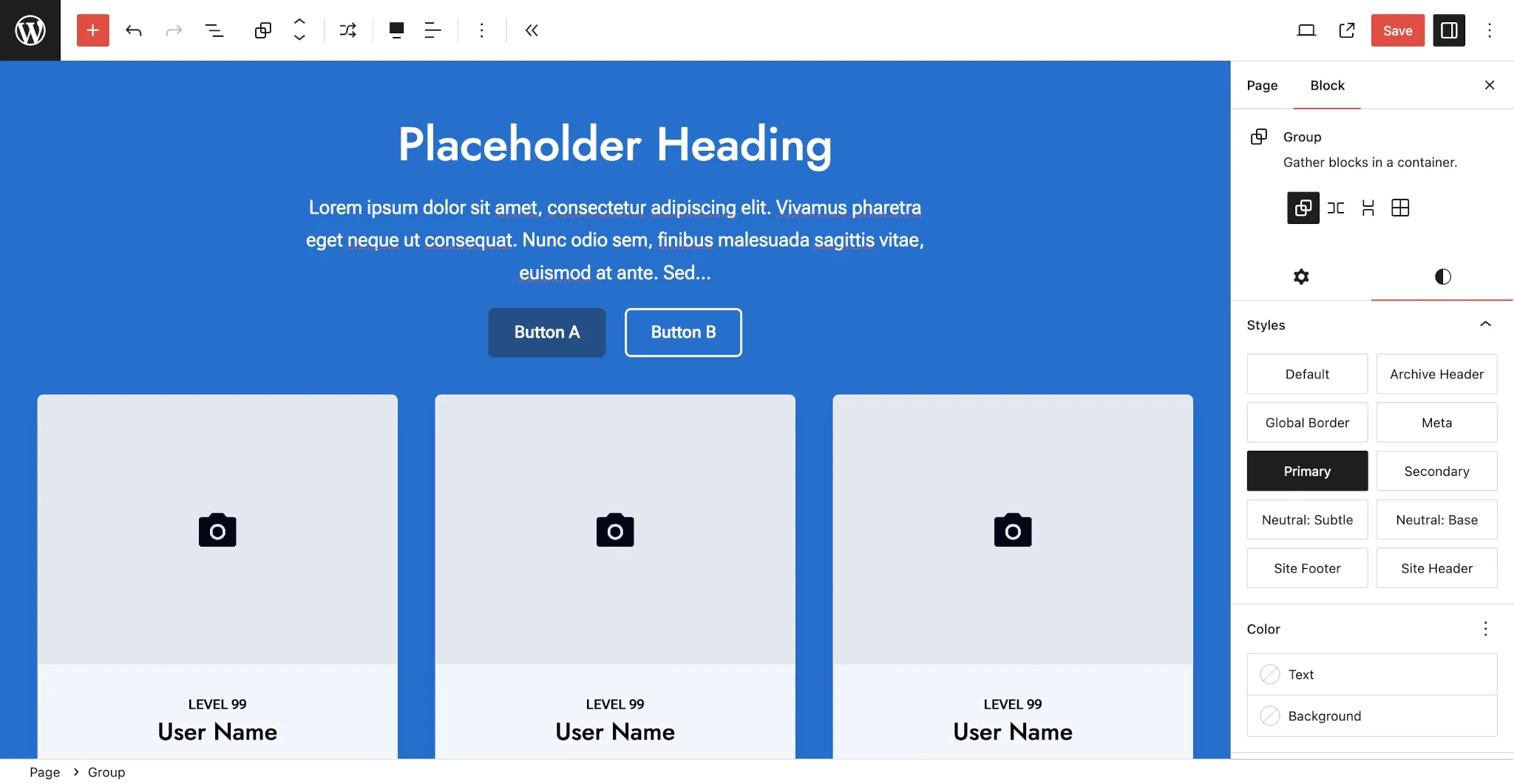 WordPress page editor with a full-width blue section with white text. It has a three-column grid of cards.