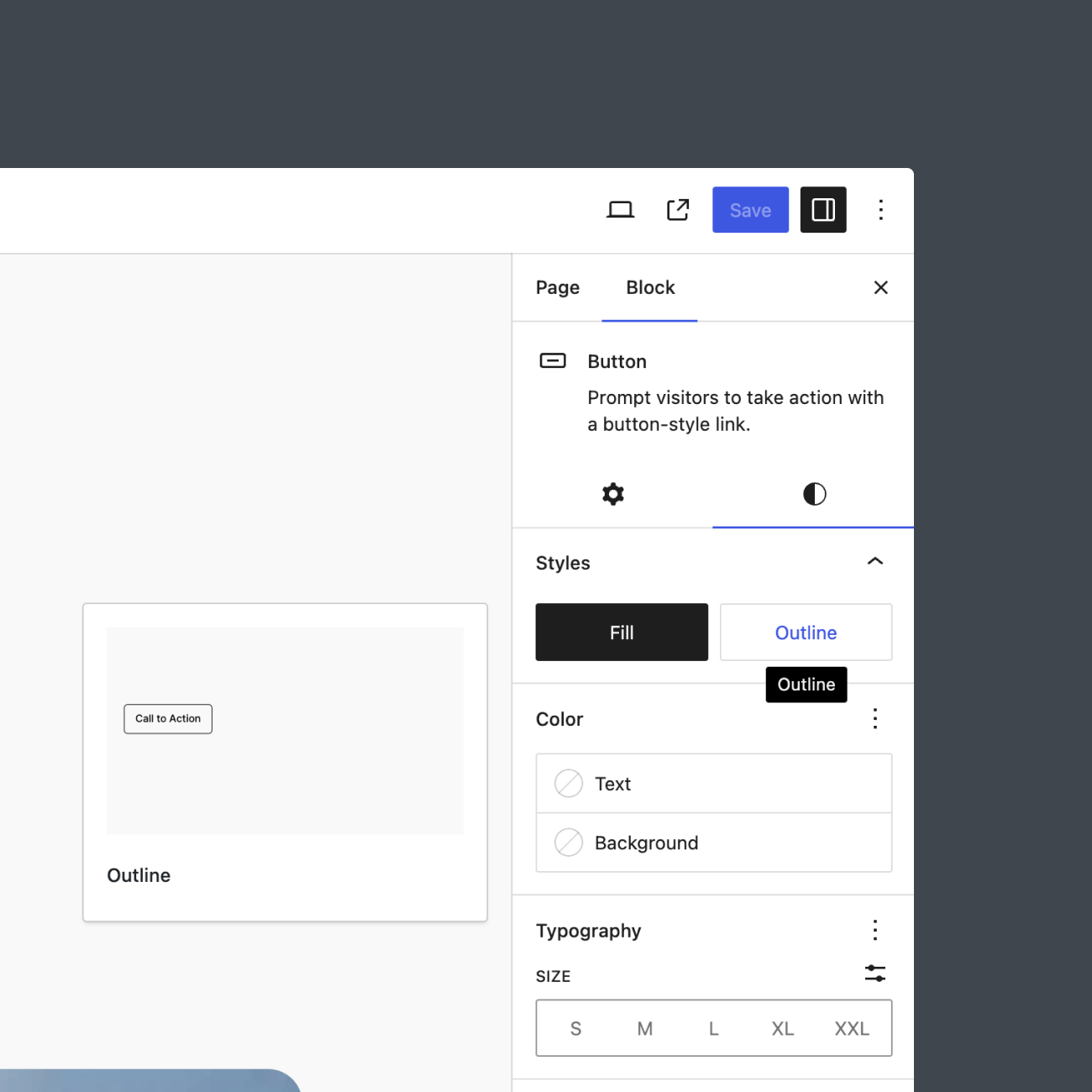 The available block styles for the Button block in the Editor.
