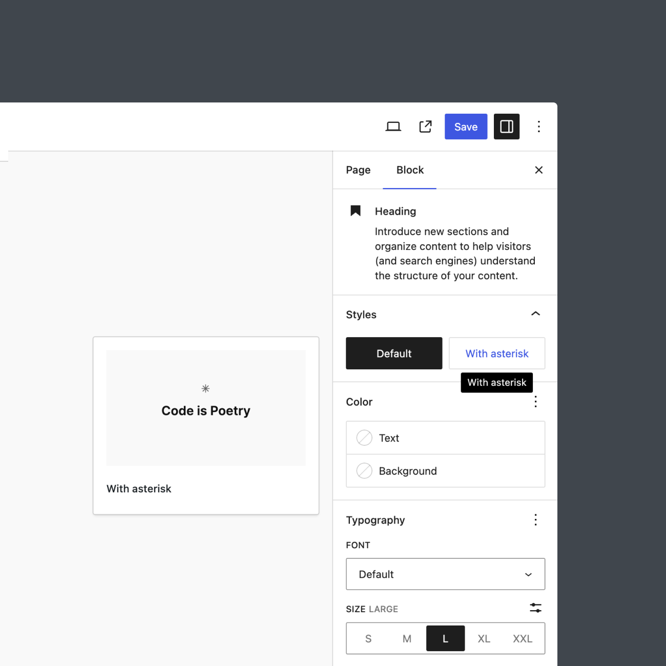 The "With asterisk" block style for the Heading block in the Editor.