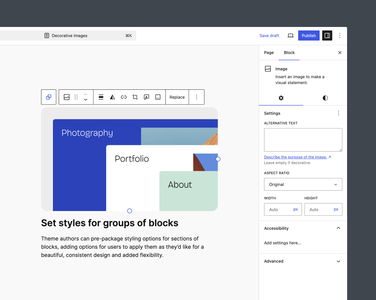 The Settings Sidebar of the Image block with a custom panel added.