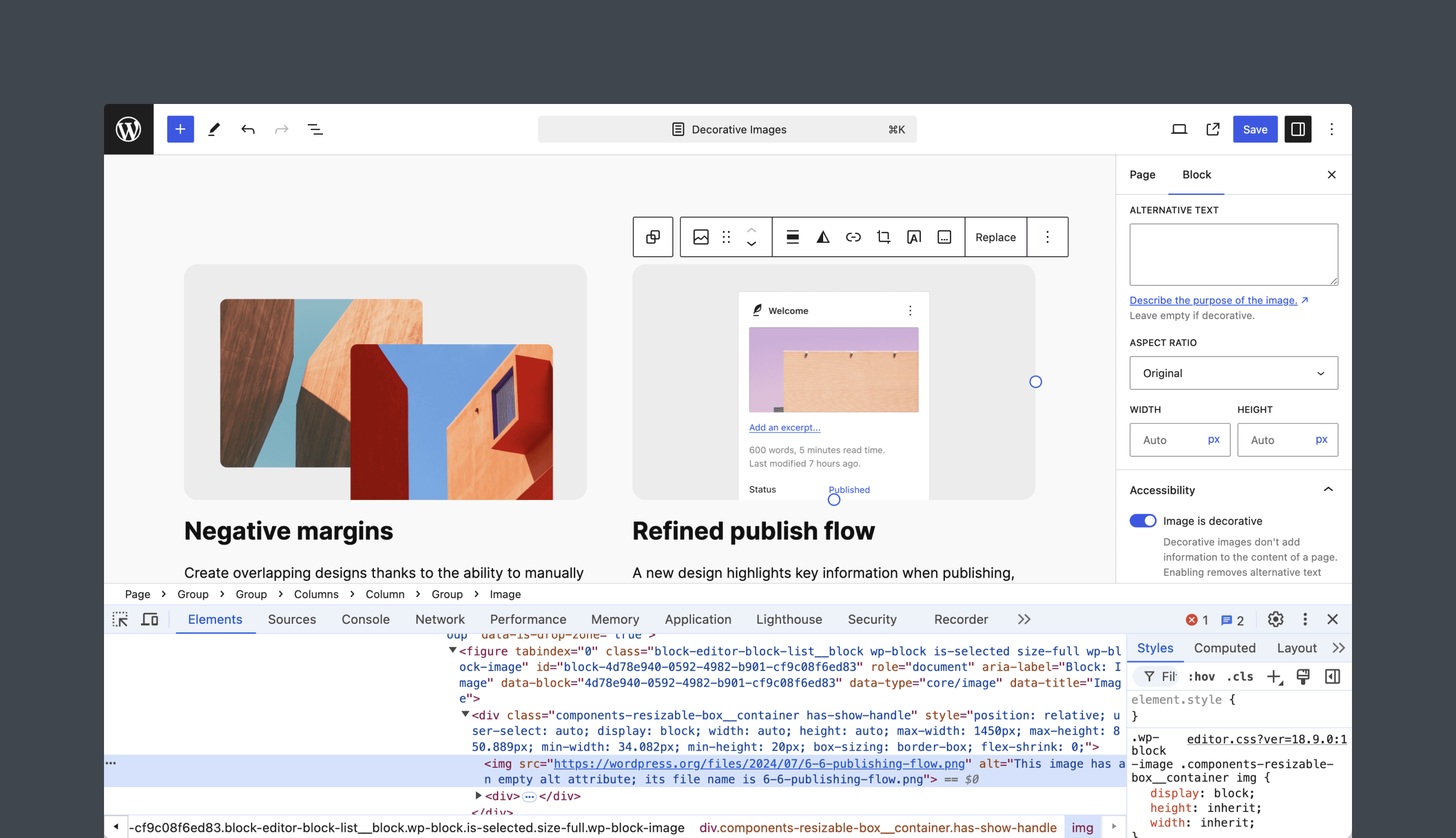 The Image block markup in the Editor.
