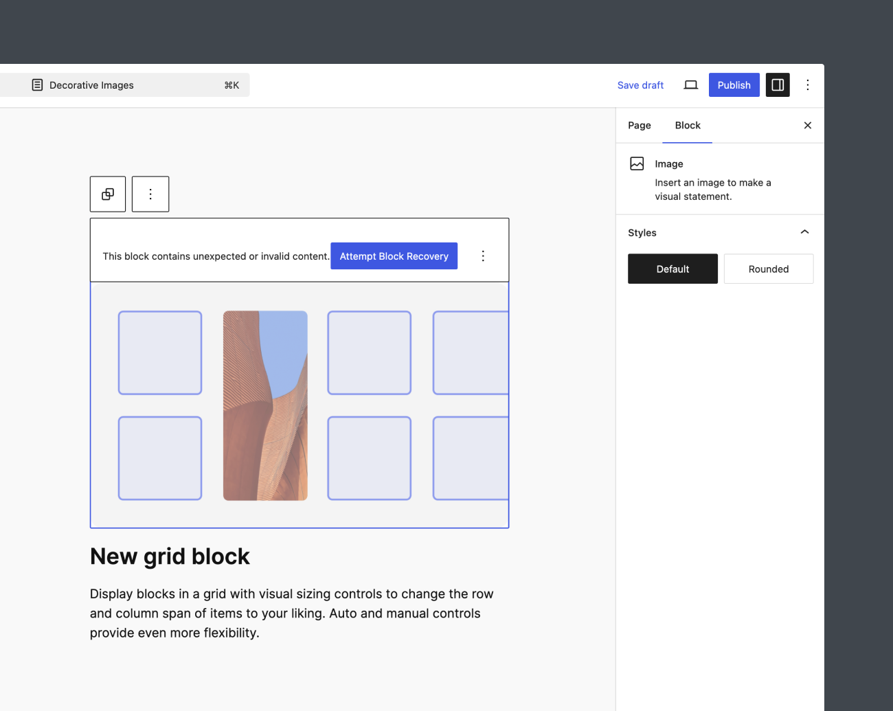 Block validation errors on the Image block in the Editor.