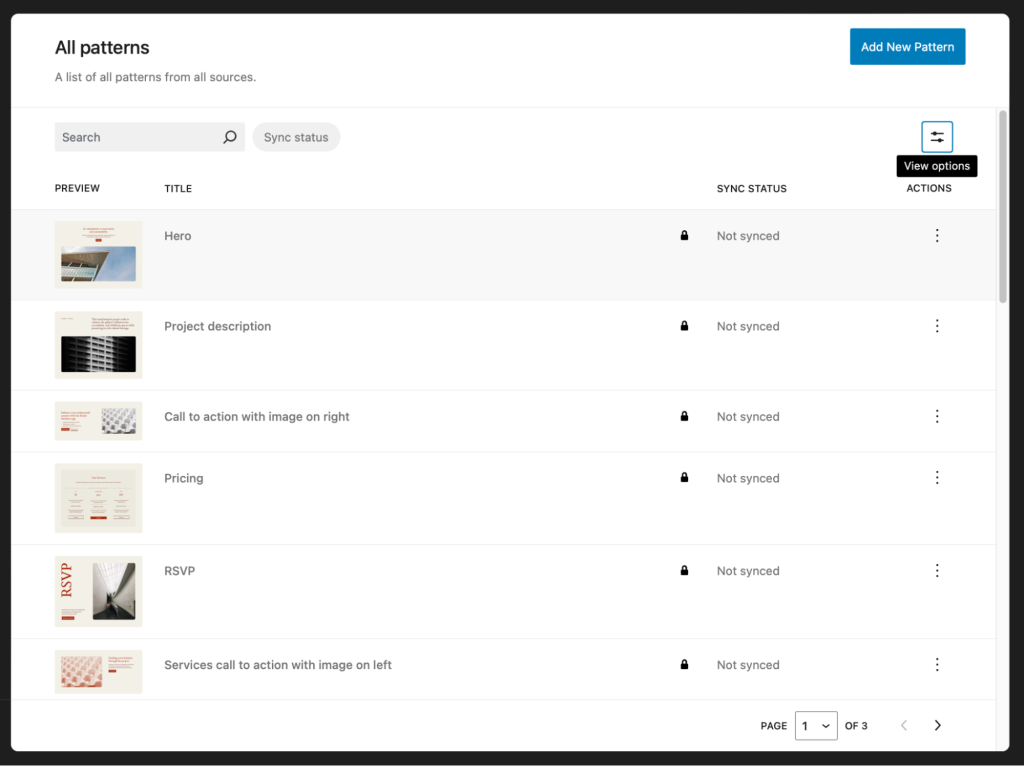 Snapshot of "Site Editor > All Patterns" section using DataViews component
