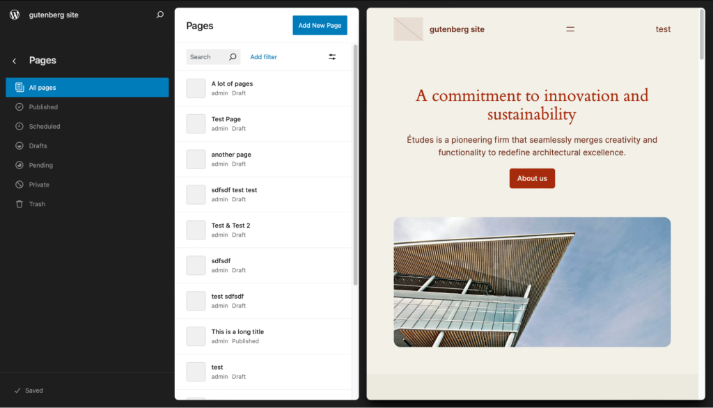Snapshot of "Site Editor > Pages" section using DataViews component