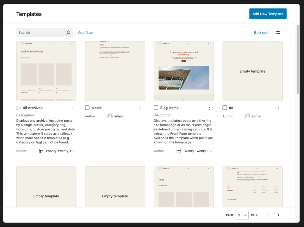 Snapshot of "Site Editor > Templates" section using DataViews component