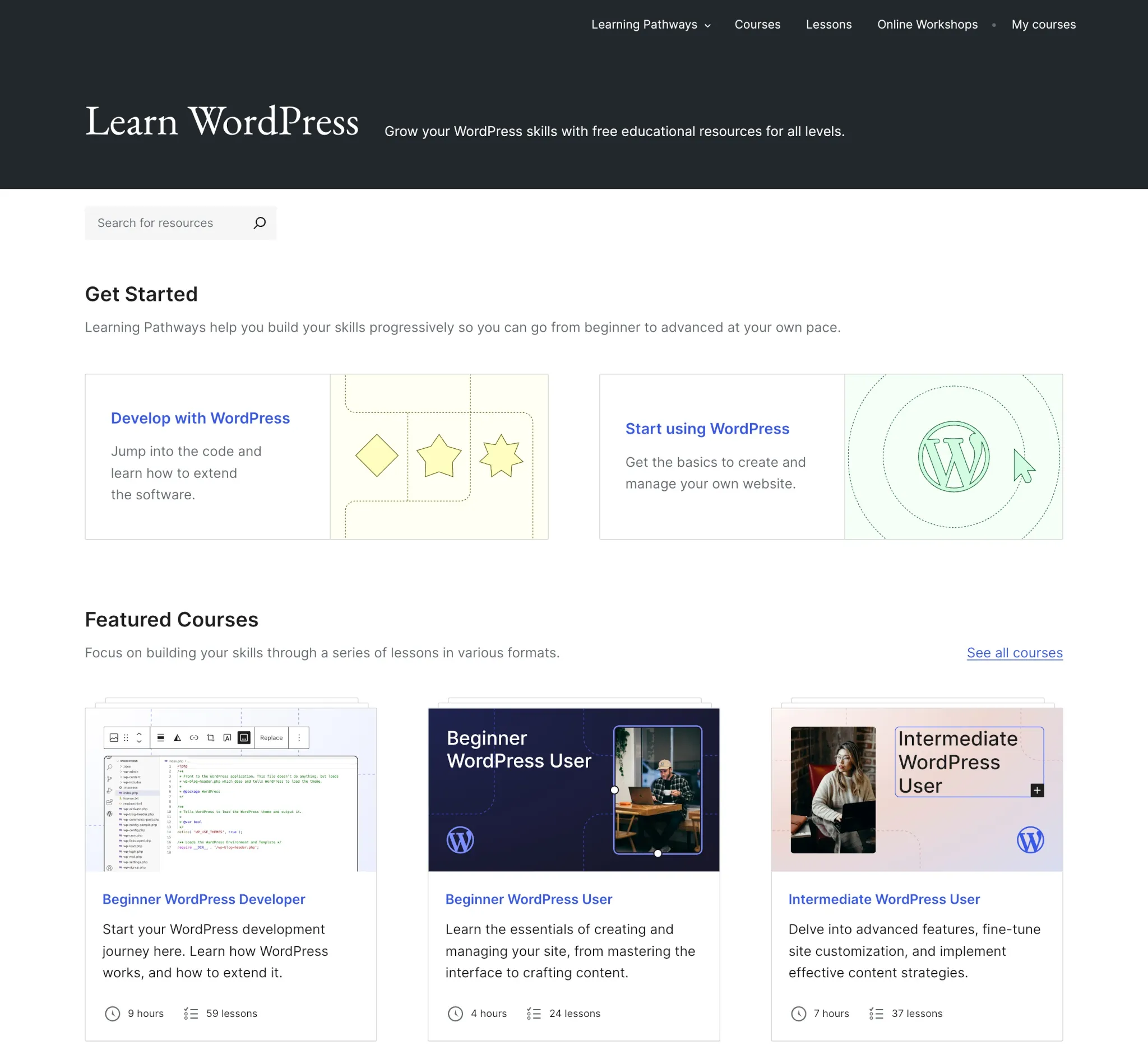 Screenshot of the Learn WP homepage. It features two sections titled Getting Started and Featured Courses for guiding readers to various sub-sections in the site.
