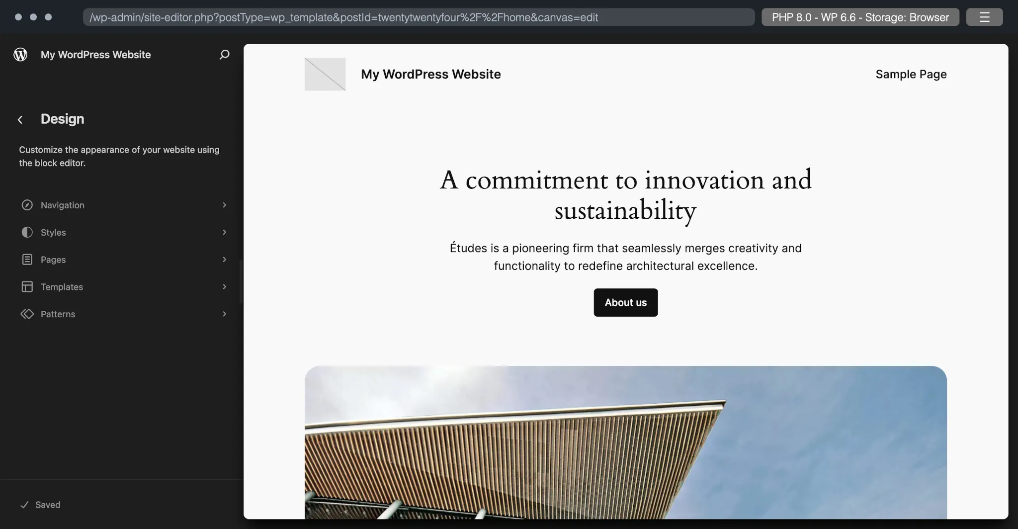 Screenshot of a Playground instance that shows the Site Editor and preview canvas in the WordPress backend.