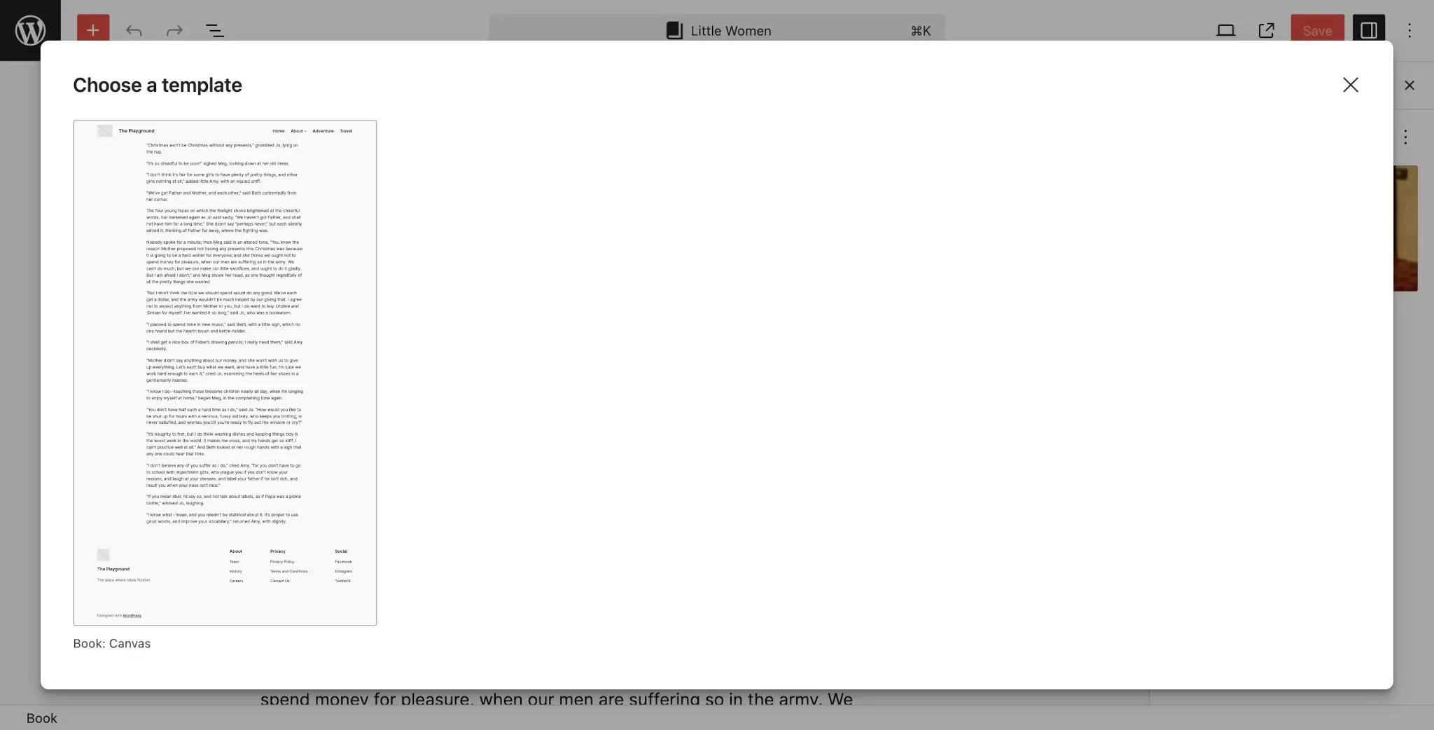 Popup modal on the WordPress post-editing screen for choosing a template. A single template option is available.