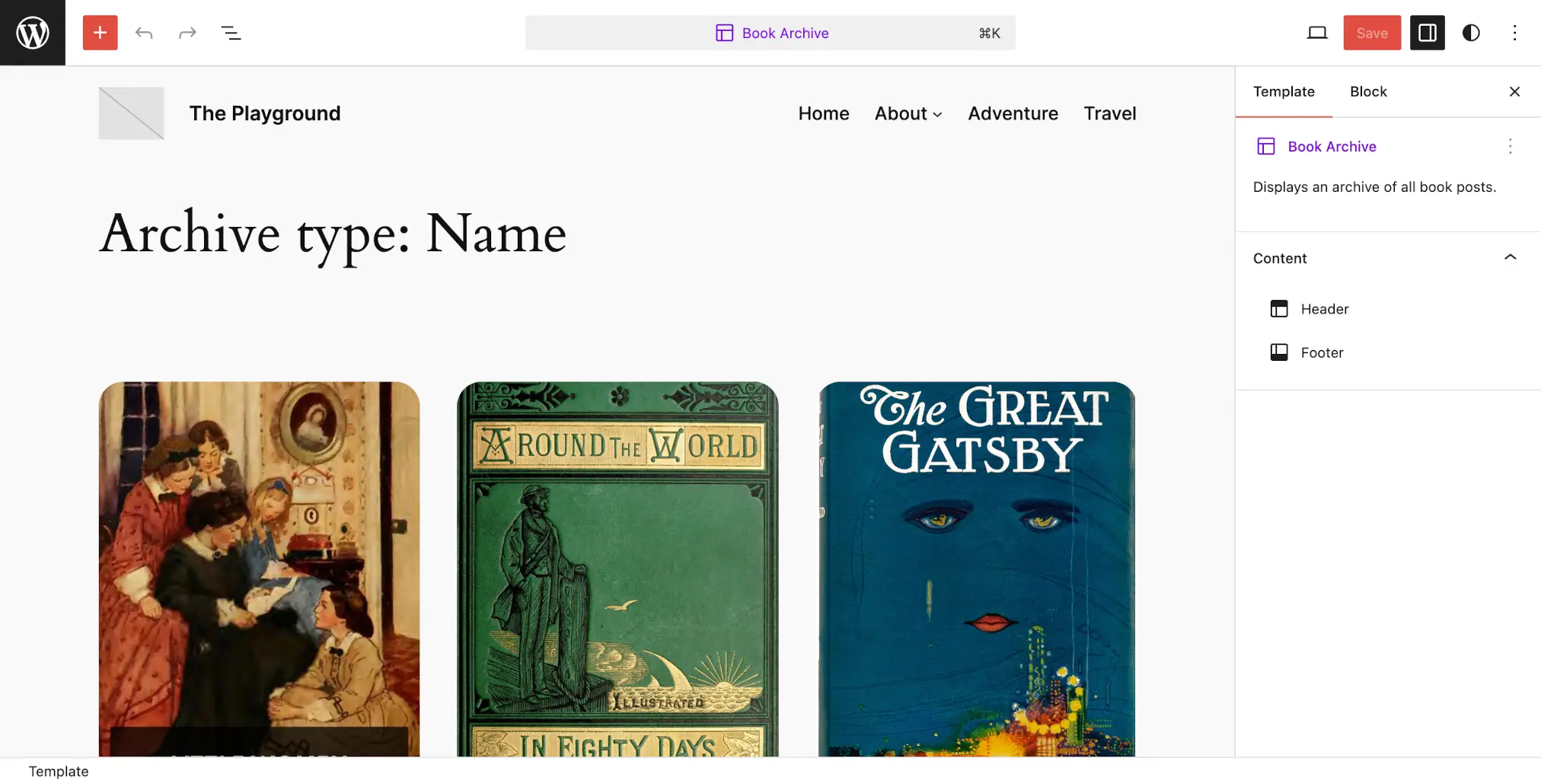 WordPress template editing screen. It shows a Book Archive template, which lists books and their featured images in a three-column grid.