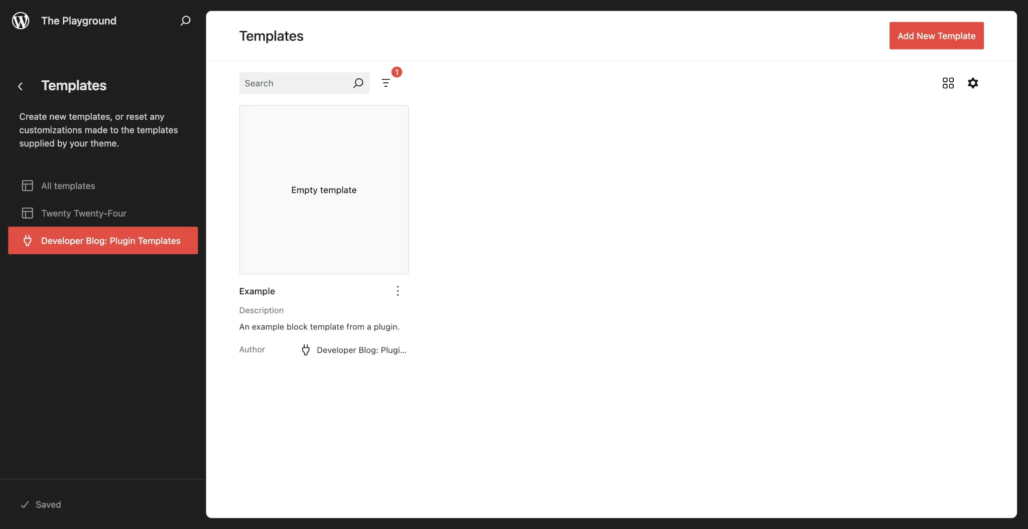 Templates screen in the WordPress Site Editor. A plugin panel is open that shows a single empty template.