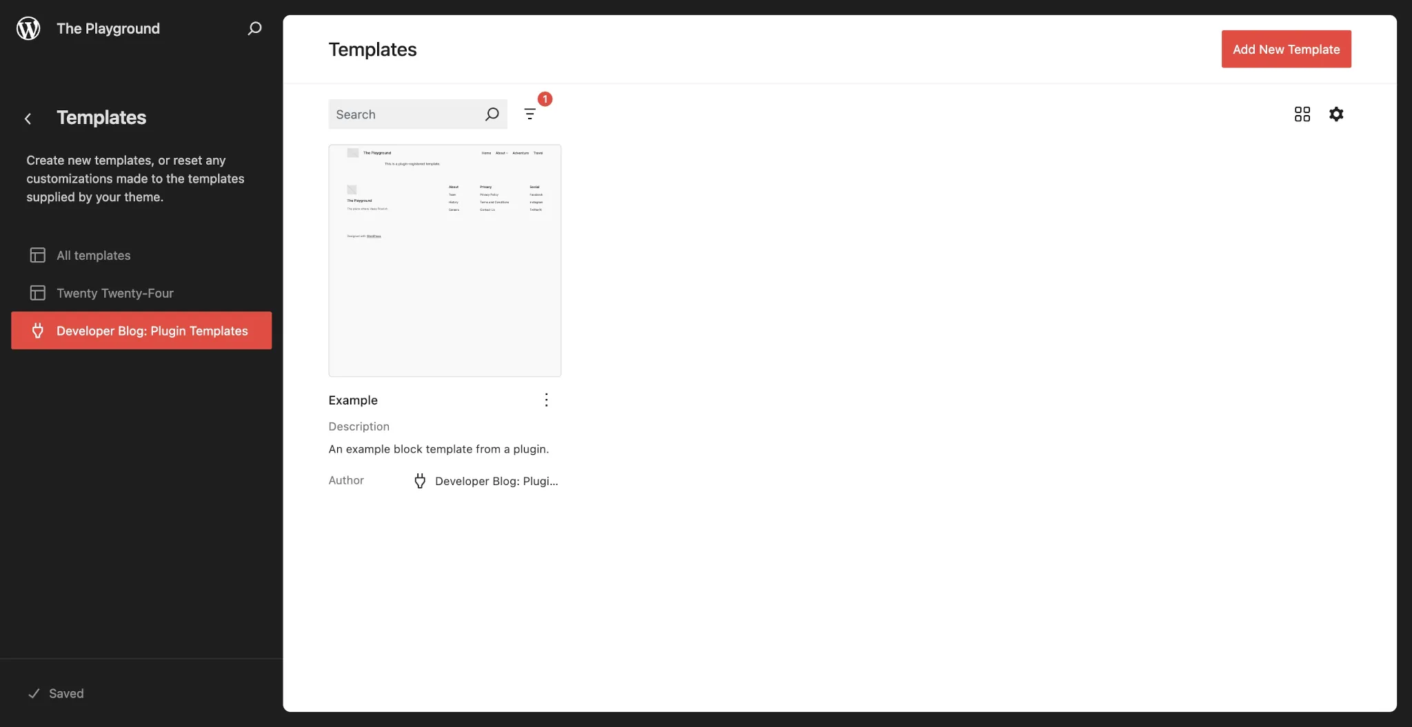 Templates screen in the WordPress Site Editor. A plugin panel is open that shows a single template with demo content.