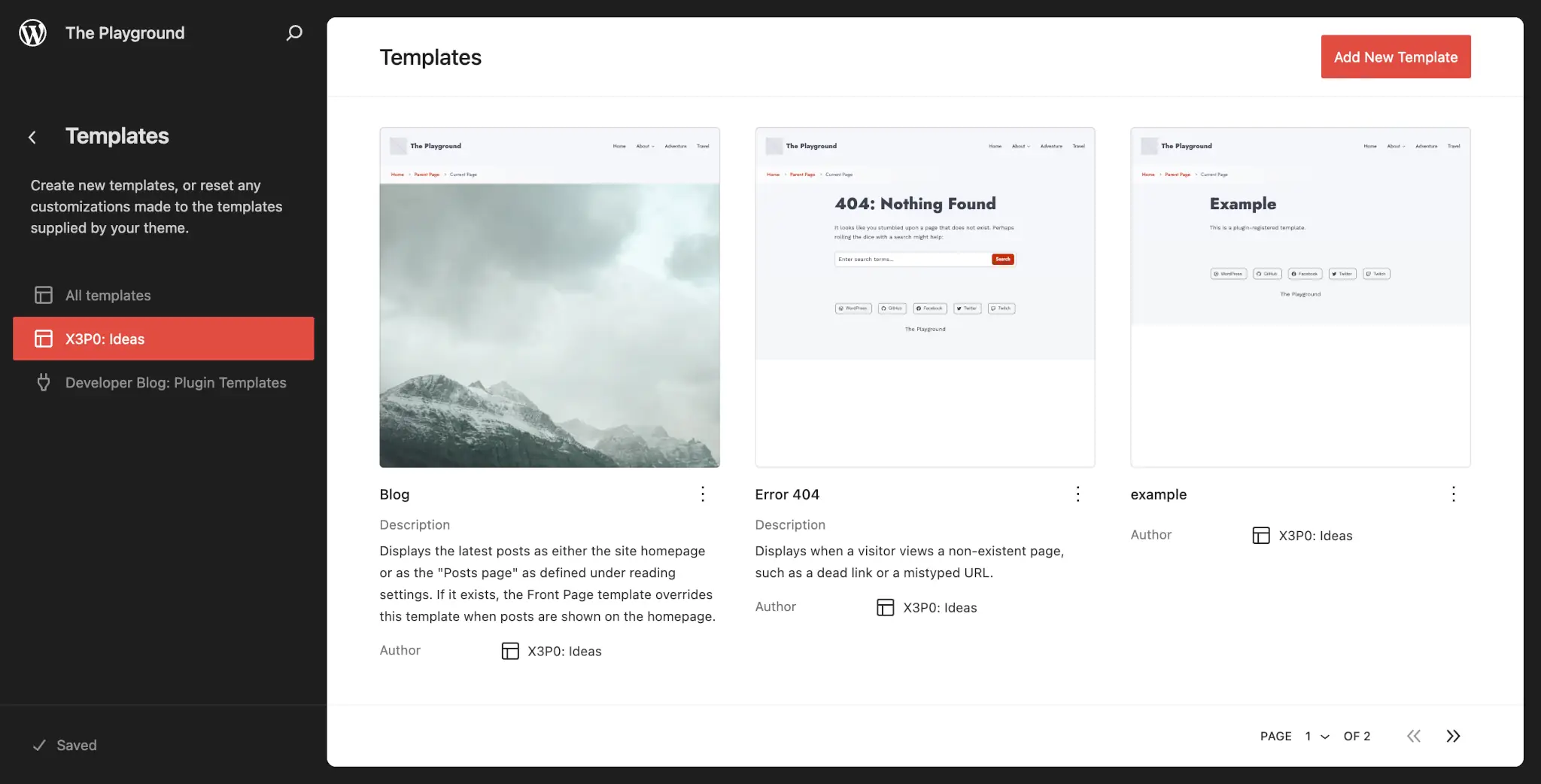 Templates screen in the WordPress Site Editor. The active theme's templates are shown in a three-column grid.