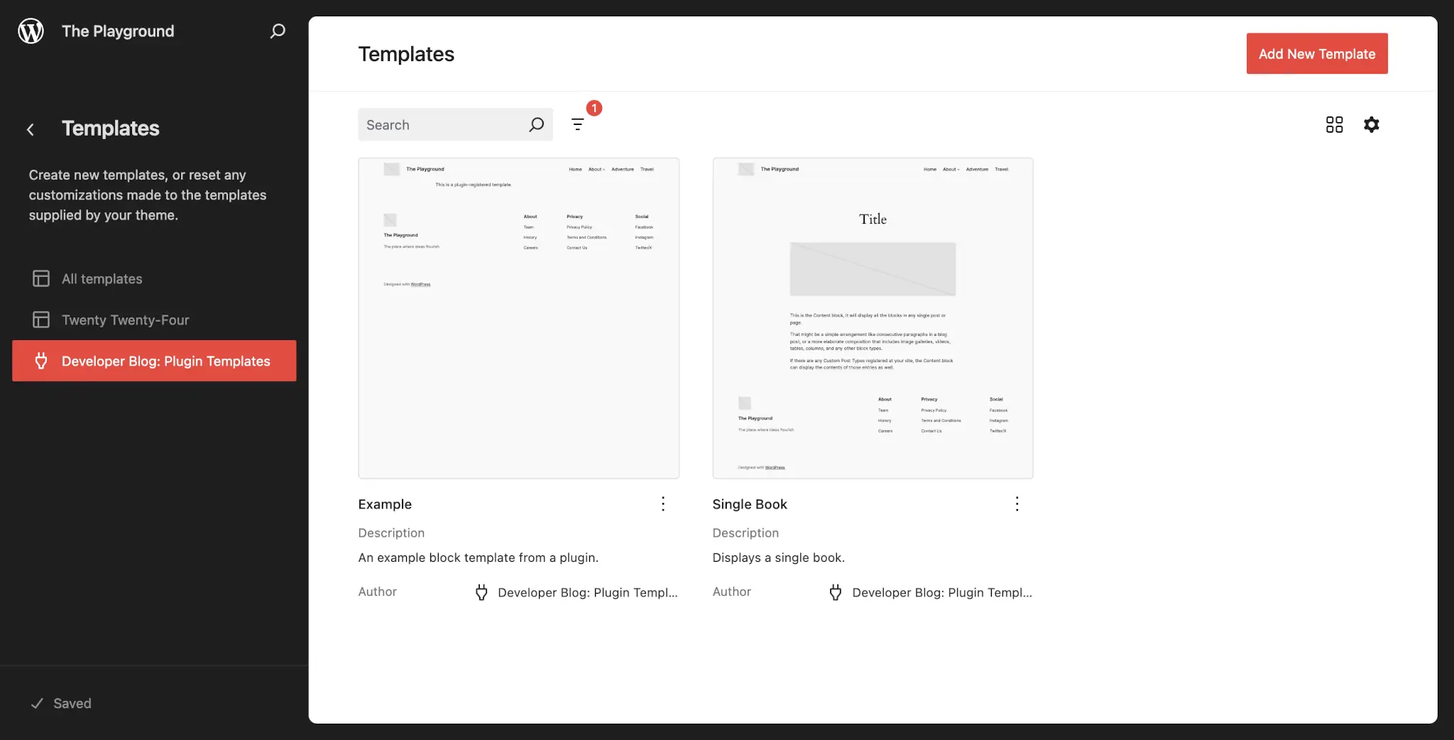 Templates screen in the WordPress Site Editor. It lists two templates under the active plugin's panel.