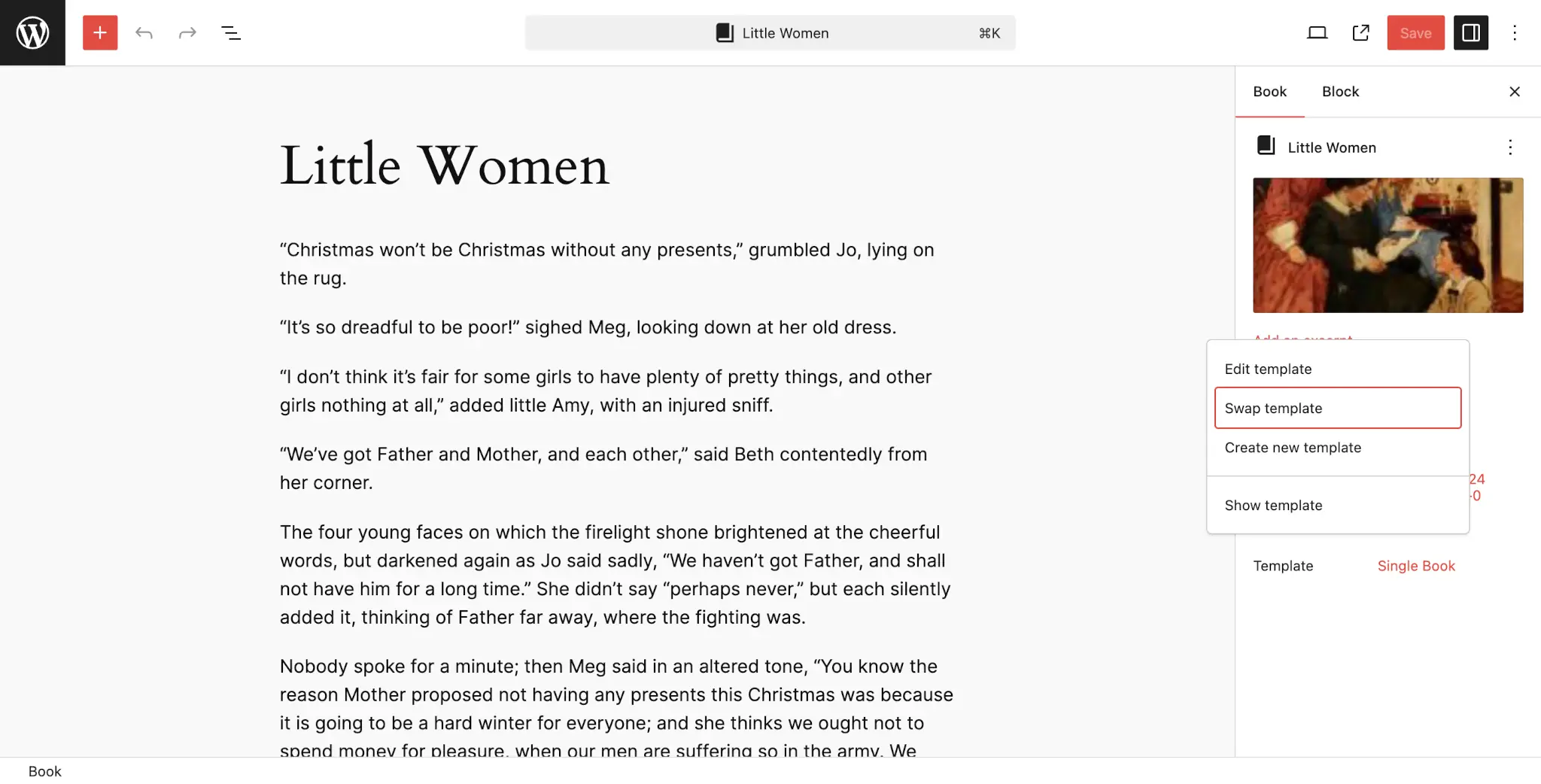 WordPress post-editing screen. In the sidebar, the Template option has been selected and the Swap Template option is highlighted.
