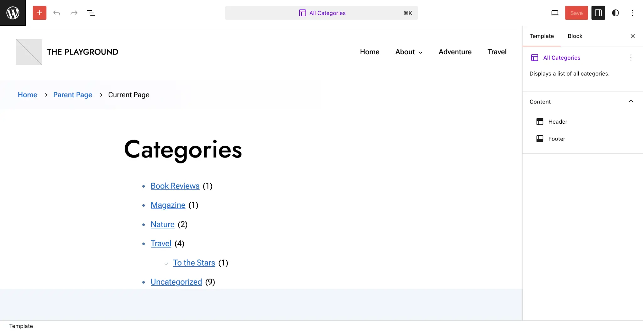 WordPress template editor with a custom All Categories template open.