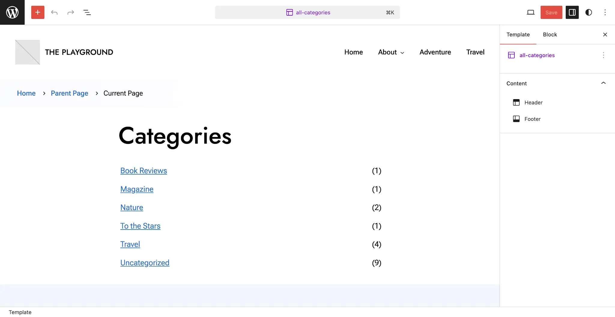 WordPress template editor with a custom All Categories template open.