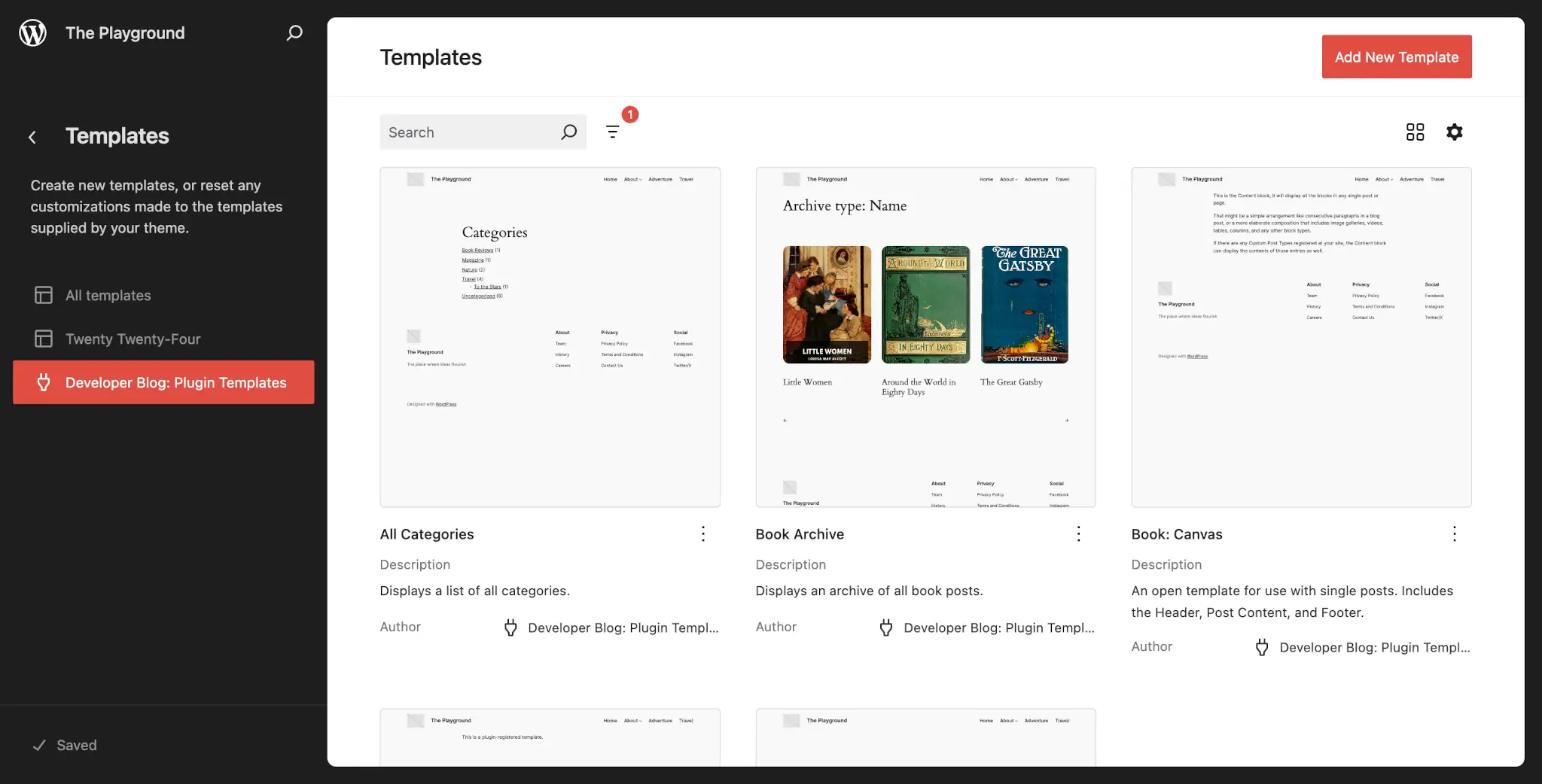 A plugin's panel showing custom templates in a three-column grid in the Templates screen in the Site Editor.