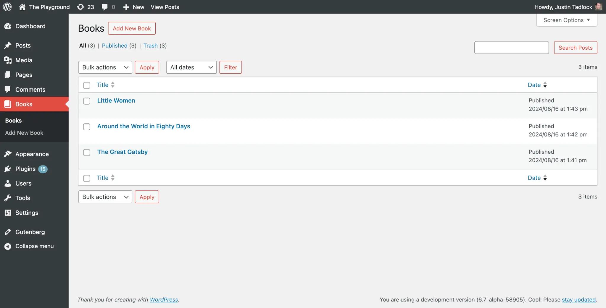 Books custom post type management screen in the WordPress admin. It lists three published book posts.