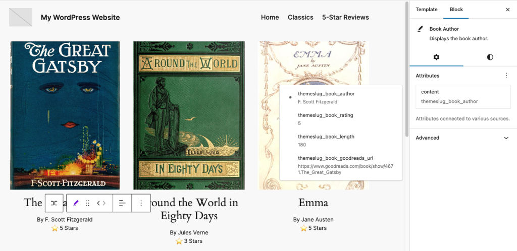 Block Bindings UI in a screenshot of Book reviews example