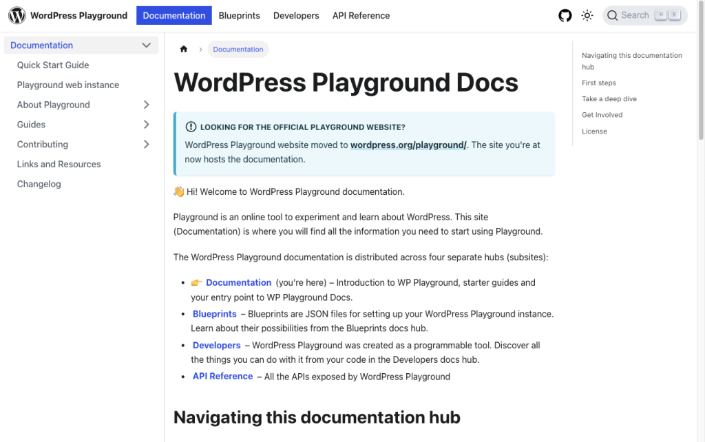 Screenshot of the Playground documentation front page