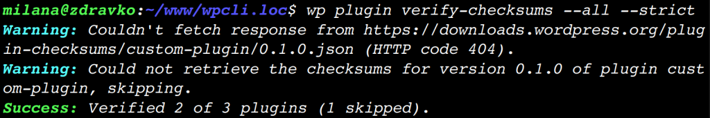 Output including warning message that WP-CLI couldn't perform verification for one plugin, while two plugins have been successfully verified.