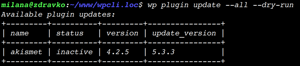Table of plugins with available updates - output of WP-CLI command for checking available updates for plugins.