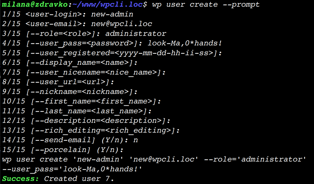 Output for WP-CLI command for creating a new user.