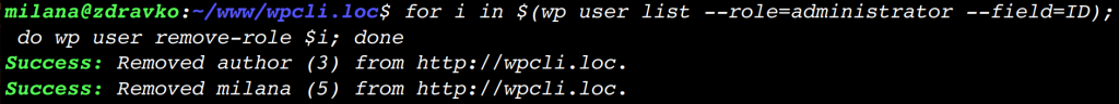 Output for removing roles for all administrator users.