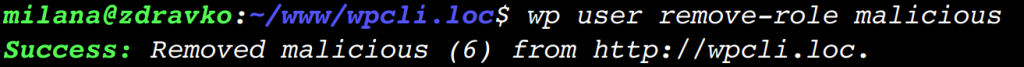 Output for WP-CLI command for removing role from an user.