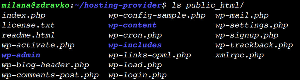WordPress root files and folders - output of listing content in public_html directory command.