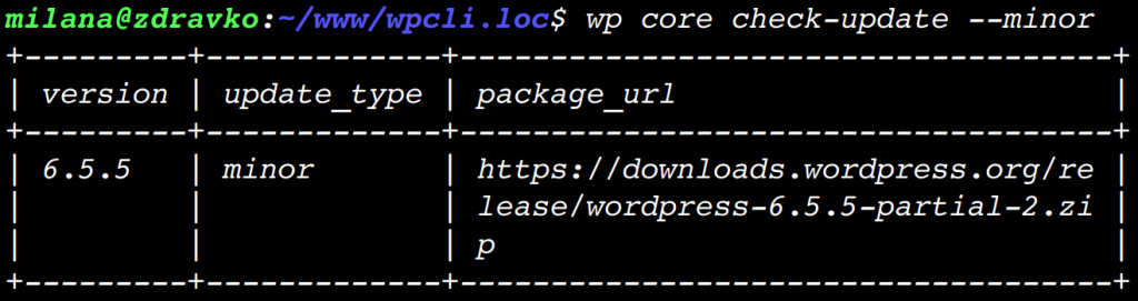 Table of available updates - output of WP-CLI command for checking if minor version updates are available.