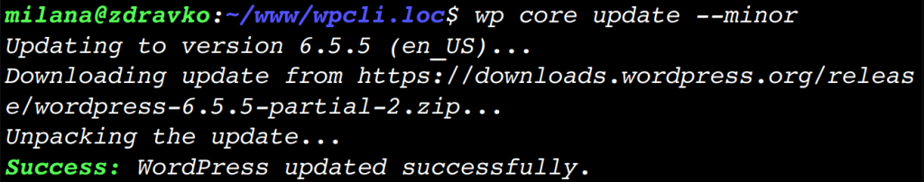 Terminal output for WP-CLI command for updating WordPress to the latest minor version.