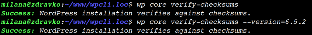 WP-CLI commands for verifying core files and their outputs.