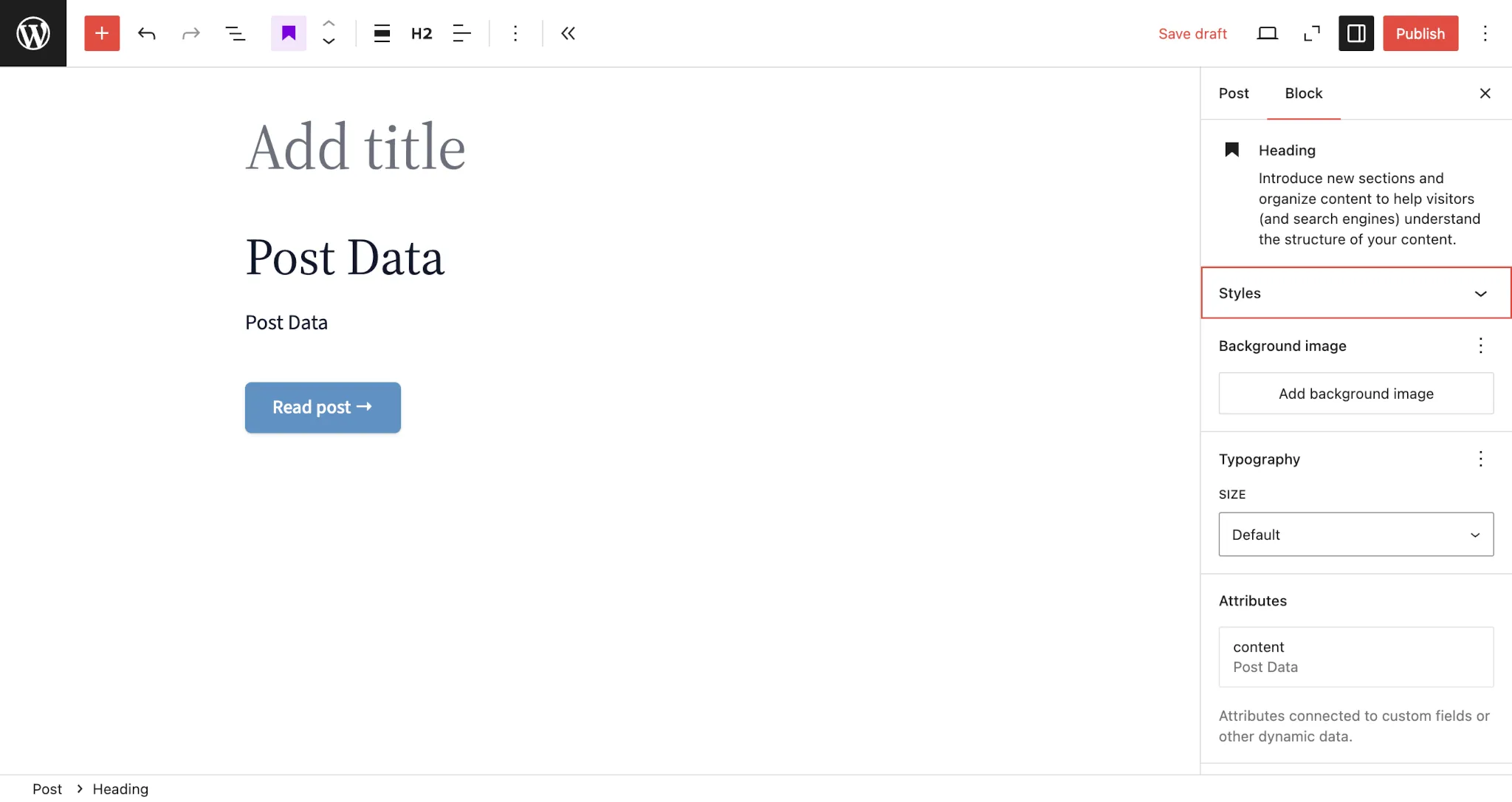 WordPress post editor with a near-empty post content area. It has blank Heading, Paragraph, and Button blocks that have not been customized.