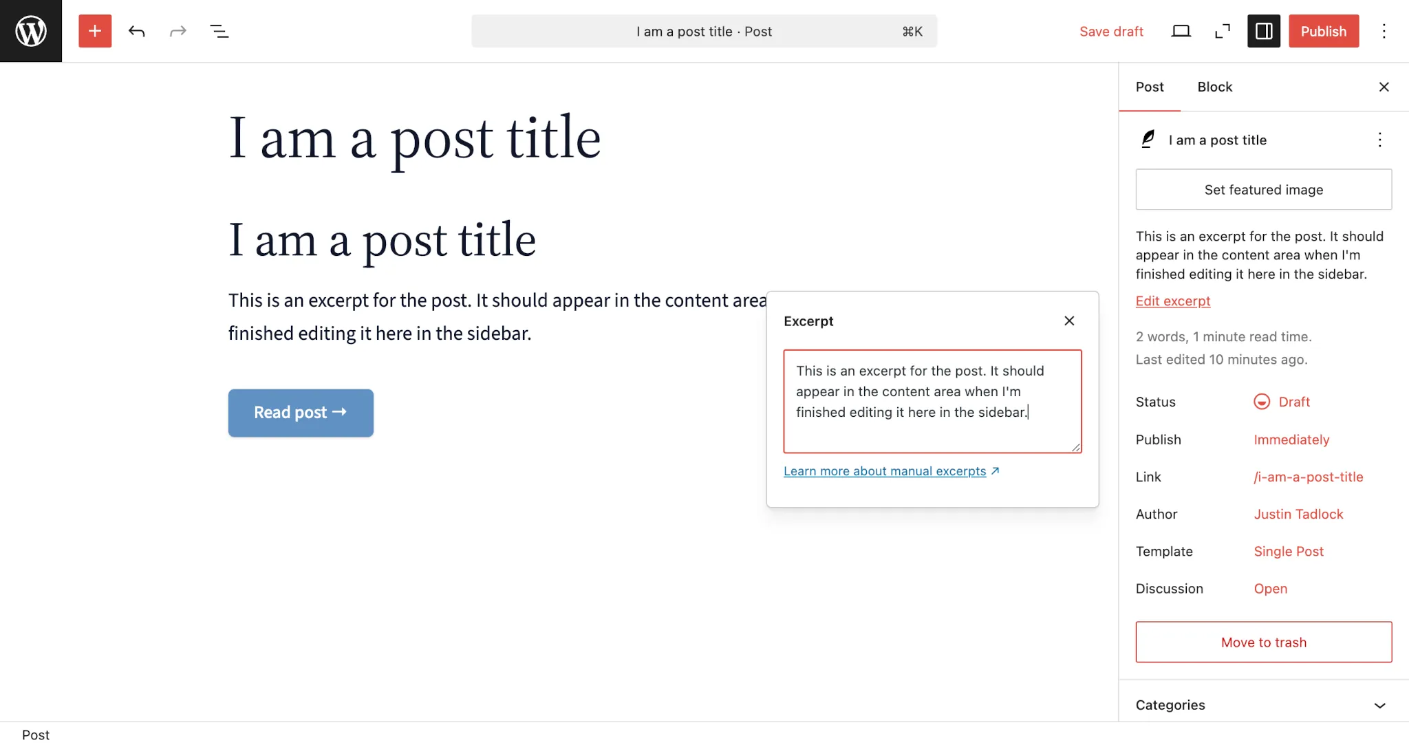 WordPress post editor with a Heading block that shows the post title and a Paragraph block that shows the excerpt.