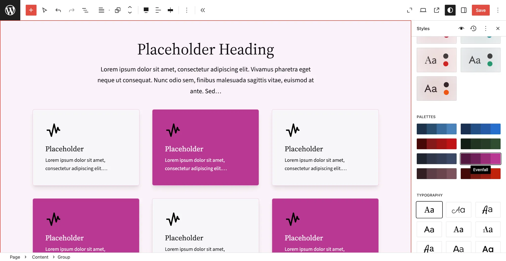 WordPress Site Editor with a three-column grid shown in the canvas with alternating purple and pink colors. On the right, the Styles panel is open and the Evenfall color palette is selected.