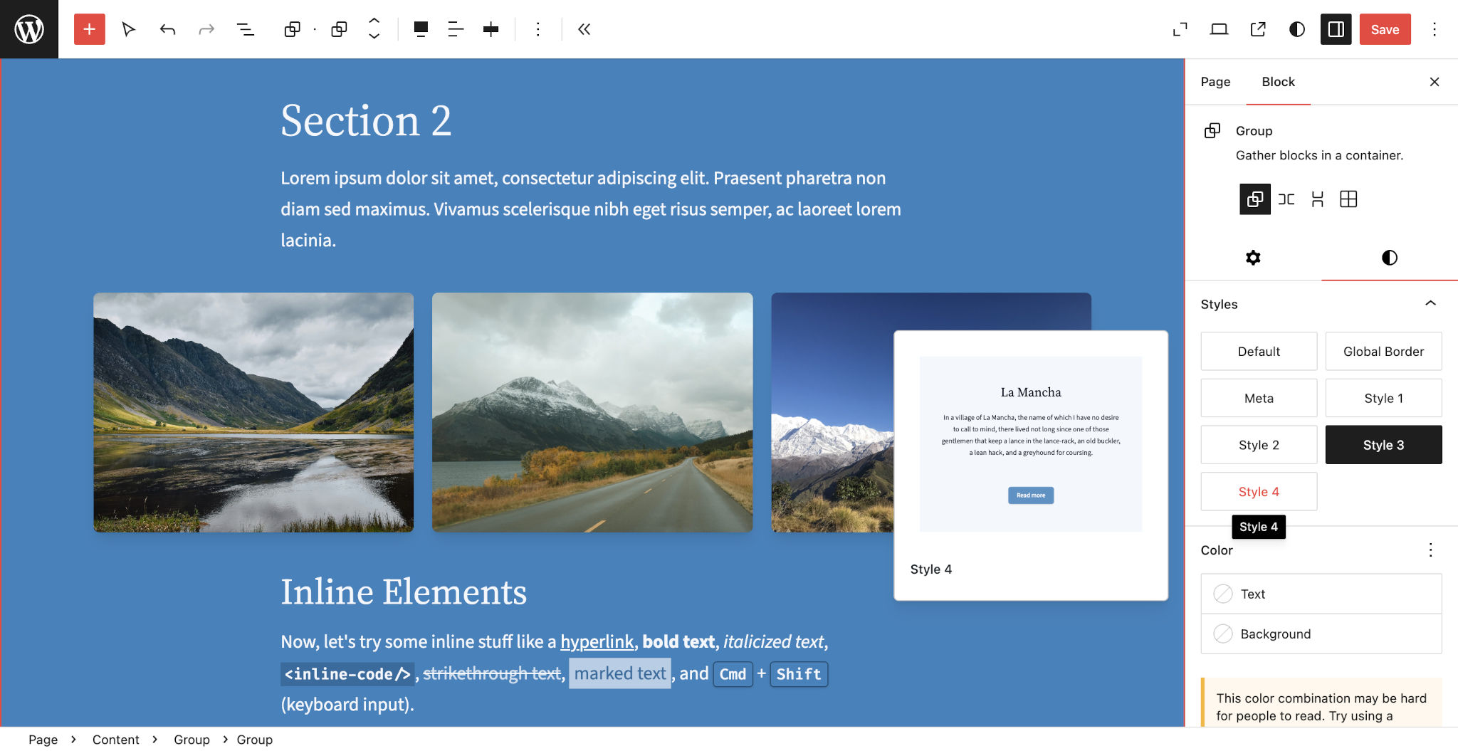 WordPress page editor showing a section with a blue background and white text. It also includes a gallery of mountain photos. On the right, the Style 3 option is selected and the Style 4 option is being hovered showing a preview.