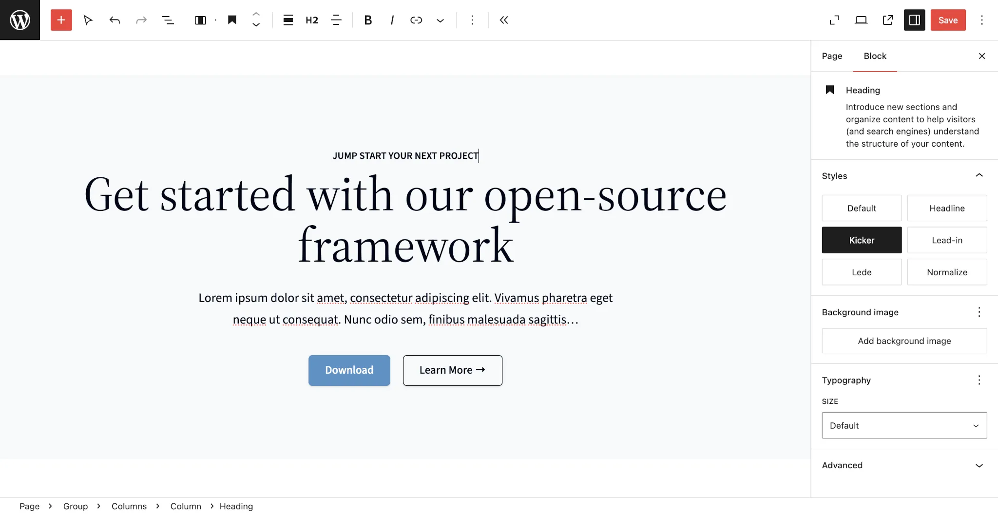 WordPress post editor with a kicker (small heading), larger heading, paragraph, and set of buttons.