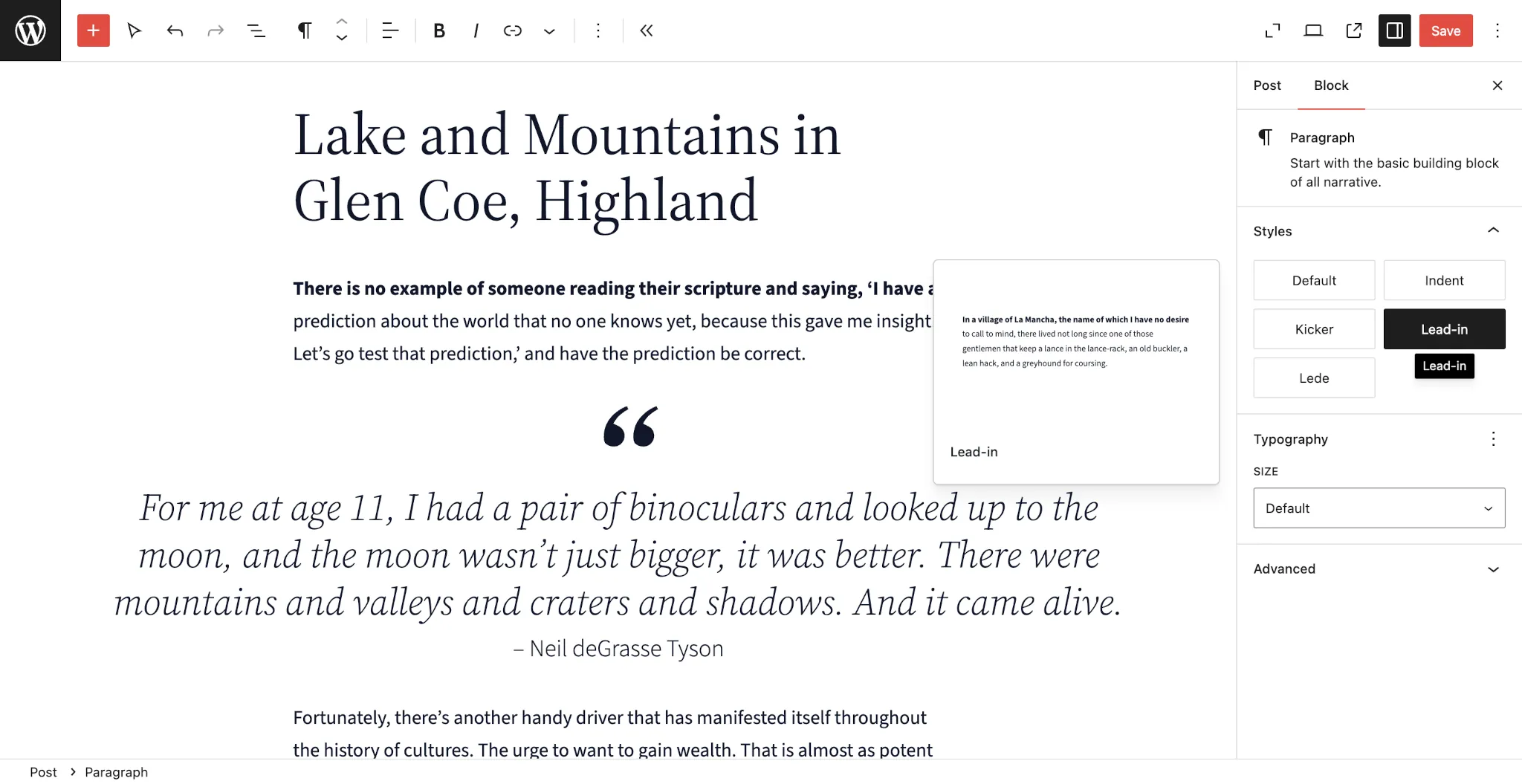 WordPress post editor with a title, some paragraphs, and a quote. The first line of the first paragraph is bold.