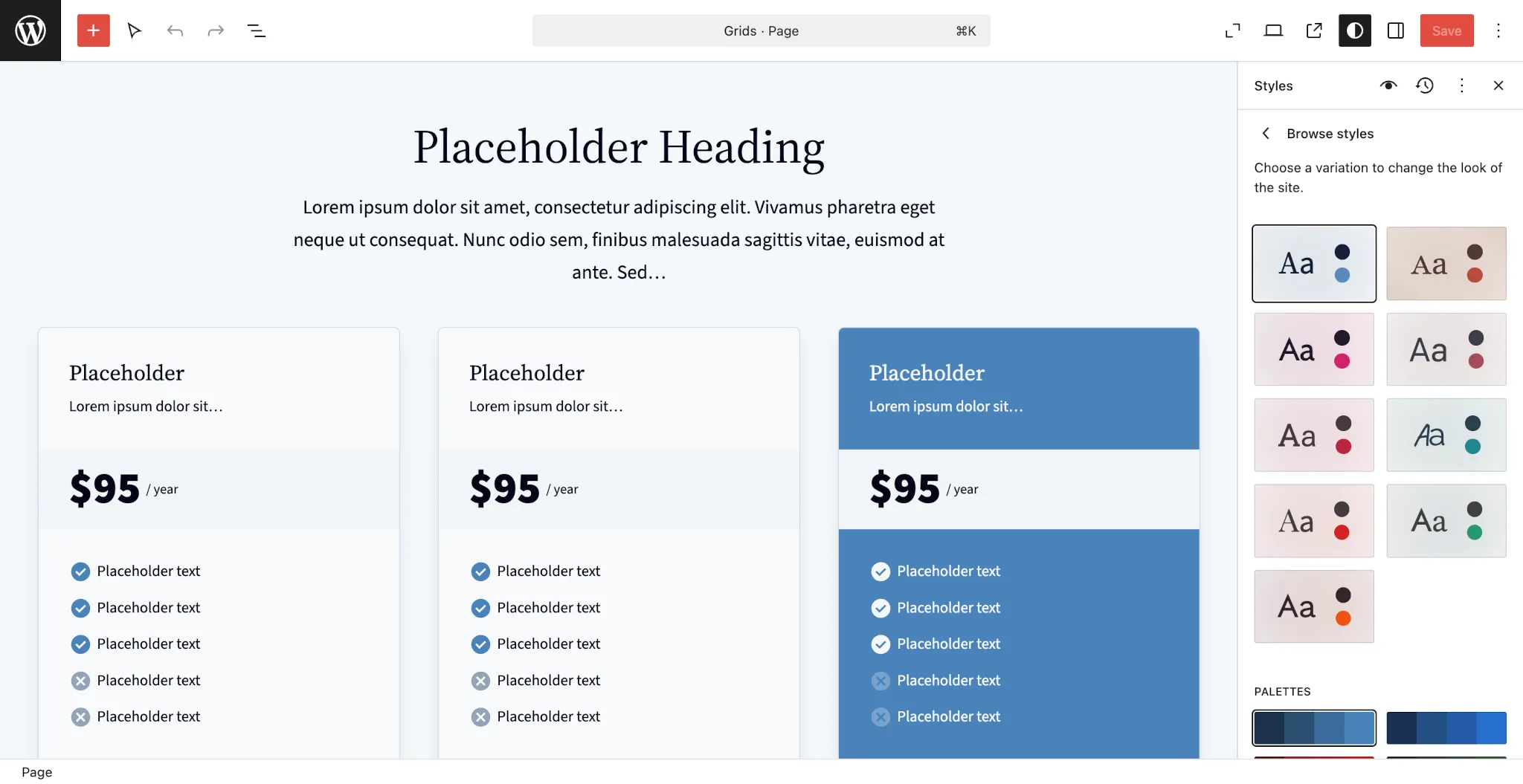 WordPress Site Editor showing a page with a pricing table. On the right, the Browse Styles panel is open, showing a two-column grid of styles to choose from.