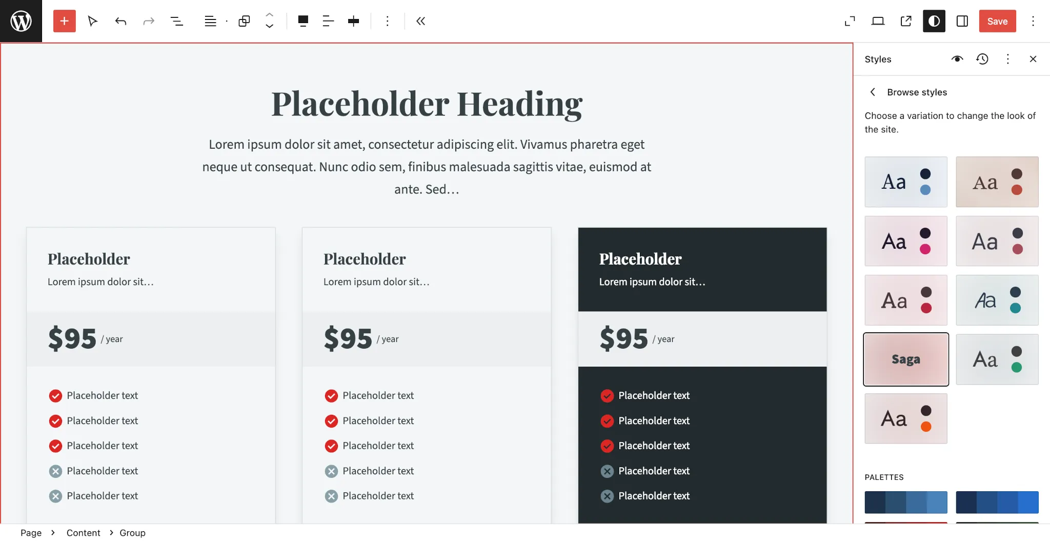 WordPress Site Editor showing a page with a pricing table. On the right, the Browse Styles panel is open, showing a two-column grid of styles to choose from. A custom style titled Saga is selected.