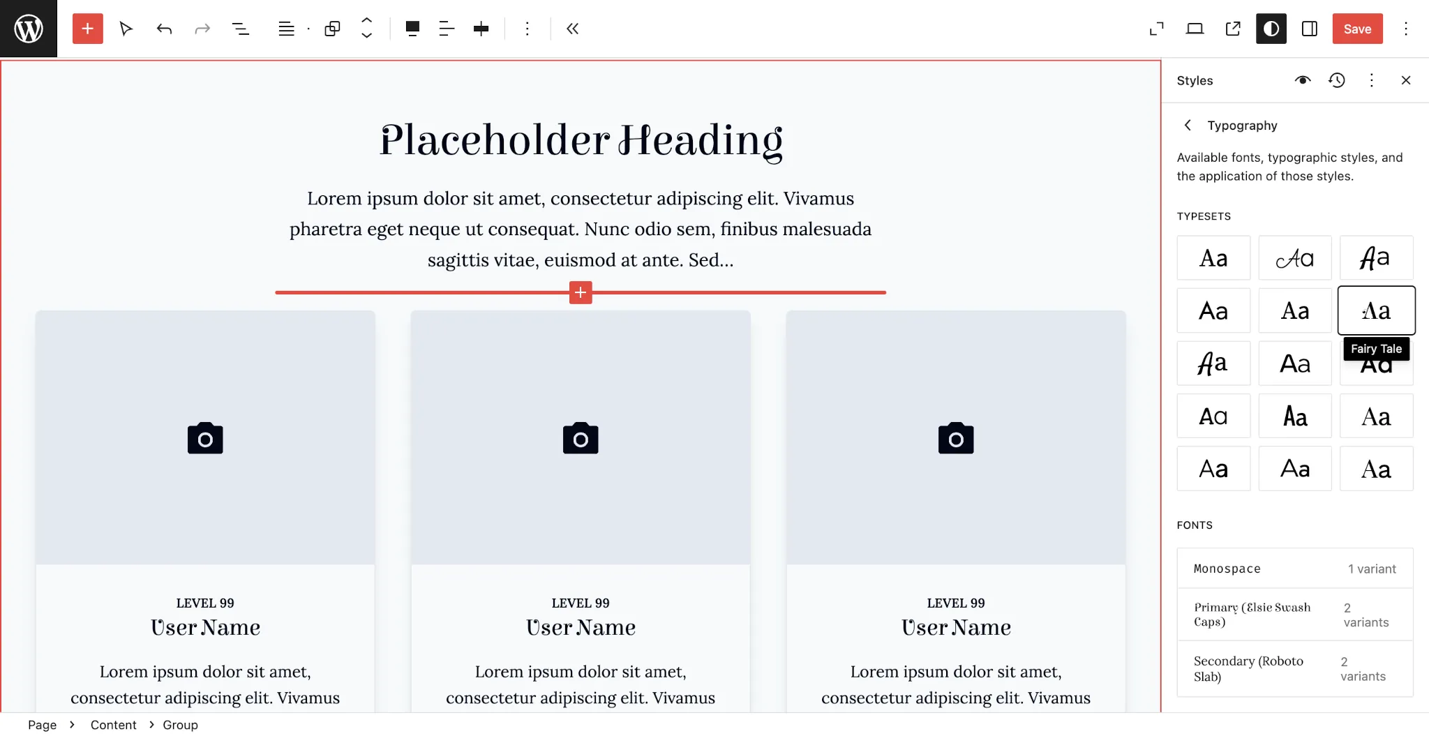 WordPress Site Editor showing a page with a three-column grid of user profiles. On the right, a fantasy-style typeset is chosen titled Fairy Tale.